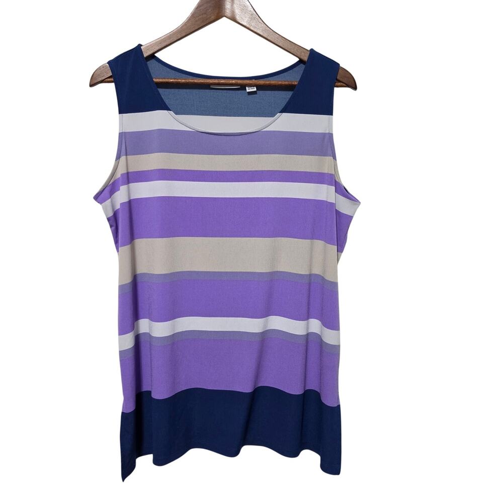 Susan Graver Liquid Knit Sleeveless Blouse Women's Size L Navy Purple Striped